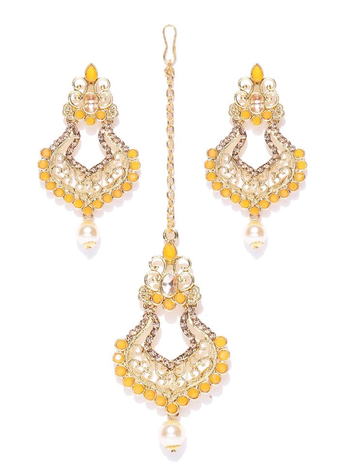 Gold-Plated Orange Color Stone-Studded Beautiful MaangTikka With Drop Earrings Set