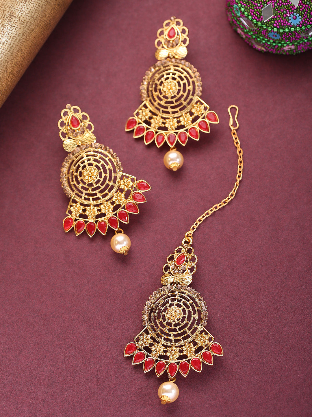 Red Color Maang Tikka with Earrings set for Women and Girls