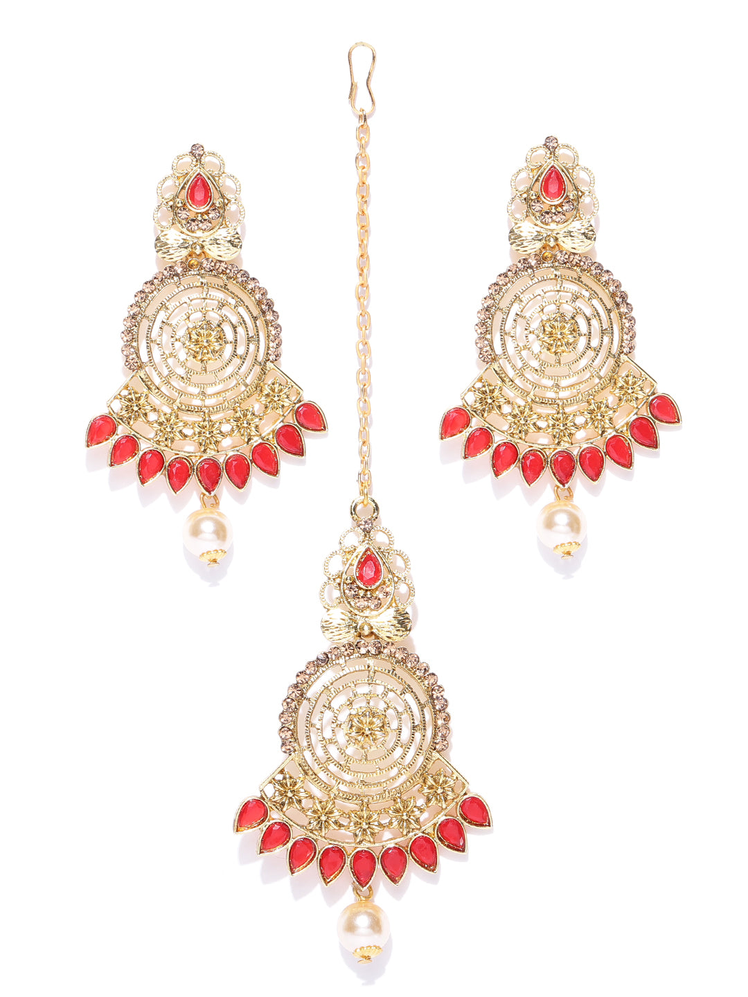 Gold-Plated Red Stone Studded Round Shape MaangTikka With Drop Earrings Set
