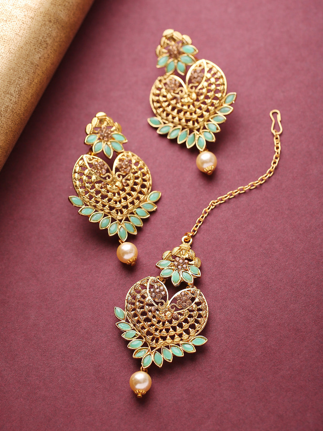 Shop Rubans 24K Gold Plated Kundan Studded Pearls Maangtikka & Earring Set  Online at Rubans