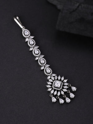 Chand Noor - Floral American Diamond Studded Silver Plated MaangTikka