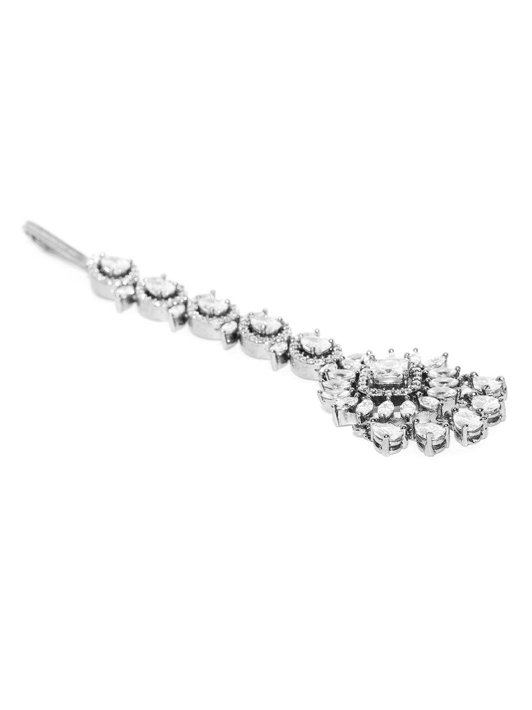 Chand Noor - Floral American Diamond Studded Silver Plated MaangTikka