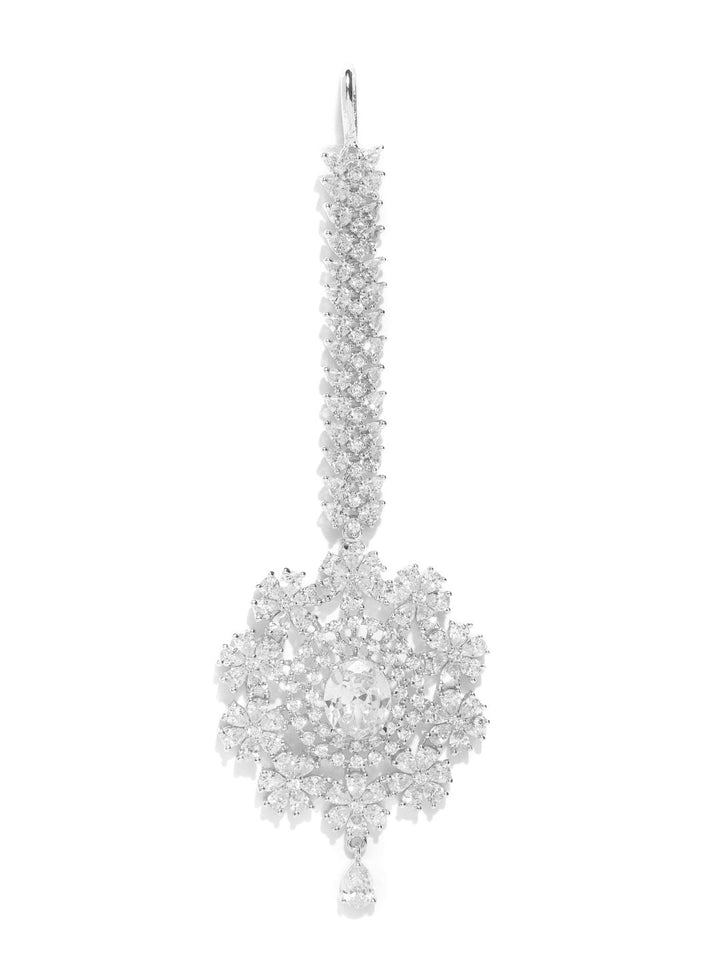 Aurora Amaze-Silver Plated American Diamond Studded Floral MaangTikka