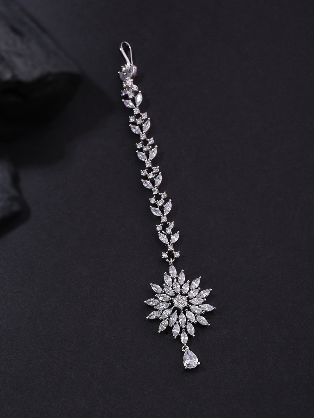 Silver Plated American Diamond Studded Floral Pattern Bridal MaangTikka