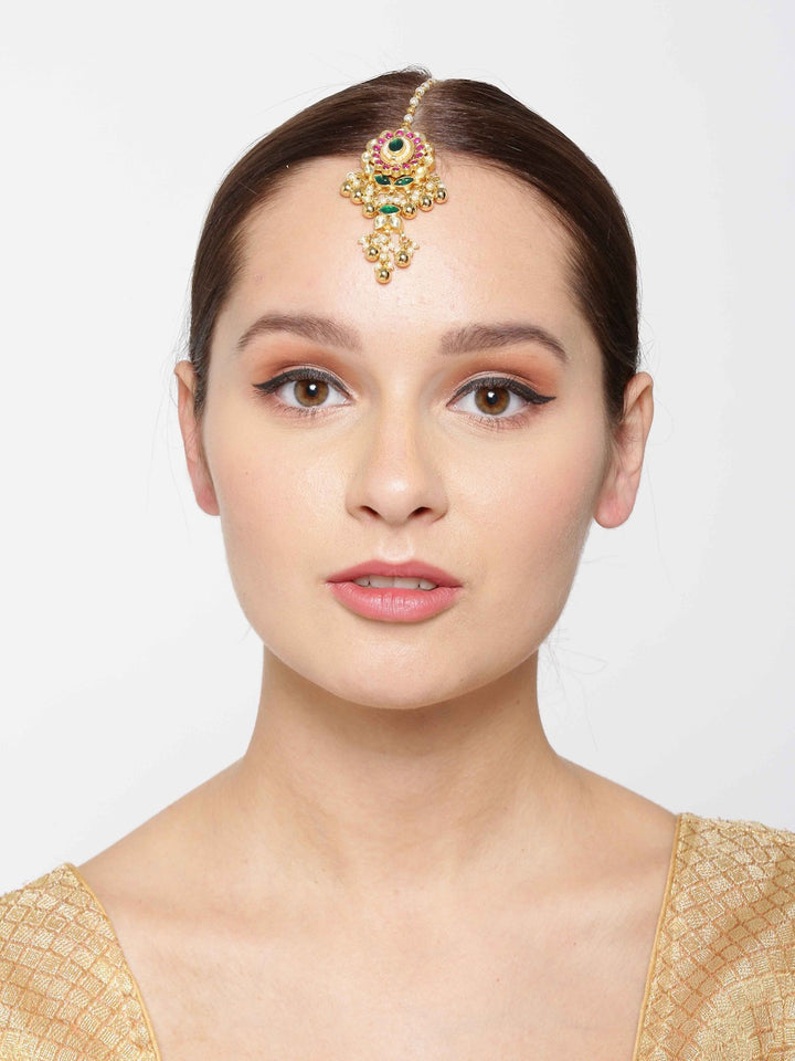 Gold Plated Kundan And Red-Green Stone Studded Floral Shaped MaangTikka