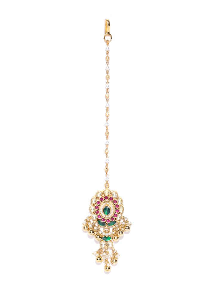 Gold Plated Kundan And Red-Green Stone Studded Floral Shaped MaangTikka