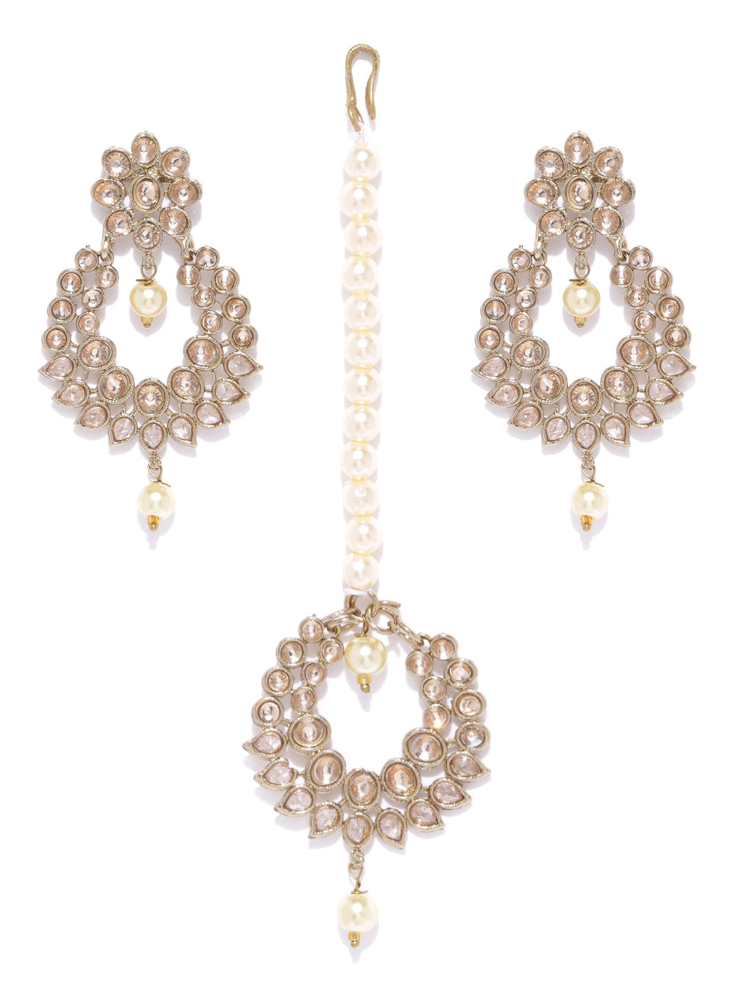 Gold-Plated Stones Studded Pearls Beaded MaangTikka And Earrings Set in Floral Pattern