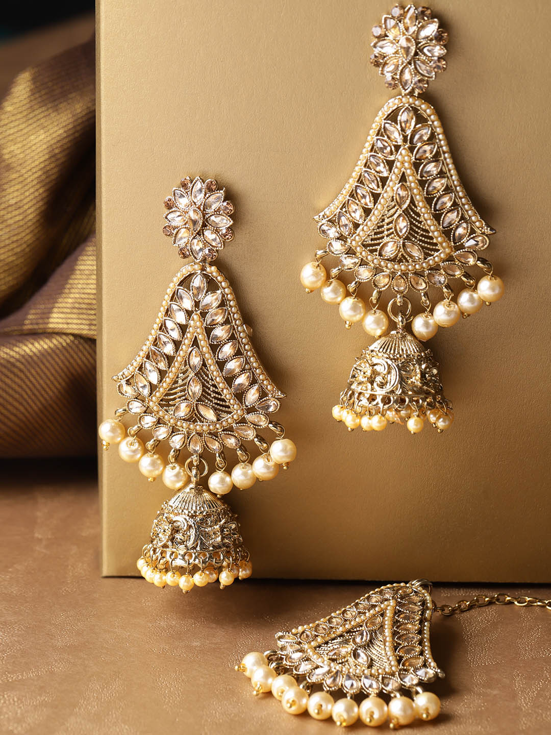 Gold-Plated Stone Studded MaangTikka And Earrings Set with Pearls Drop