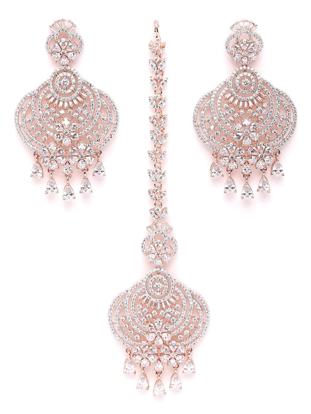 Rose Gold-Plated American Diamond Studded Floral inspired MaangTikka And Earrings Set