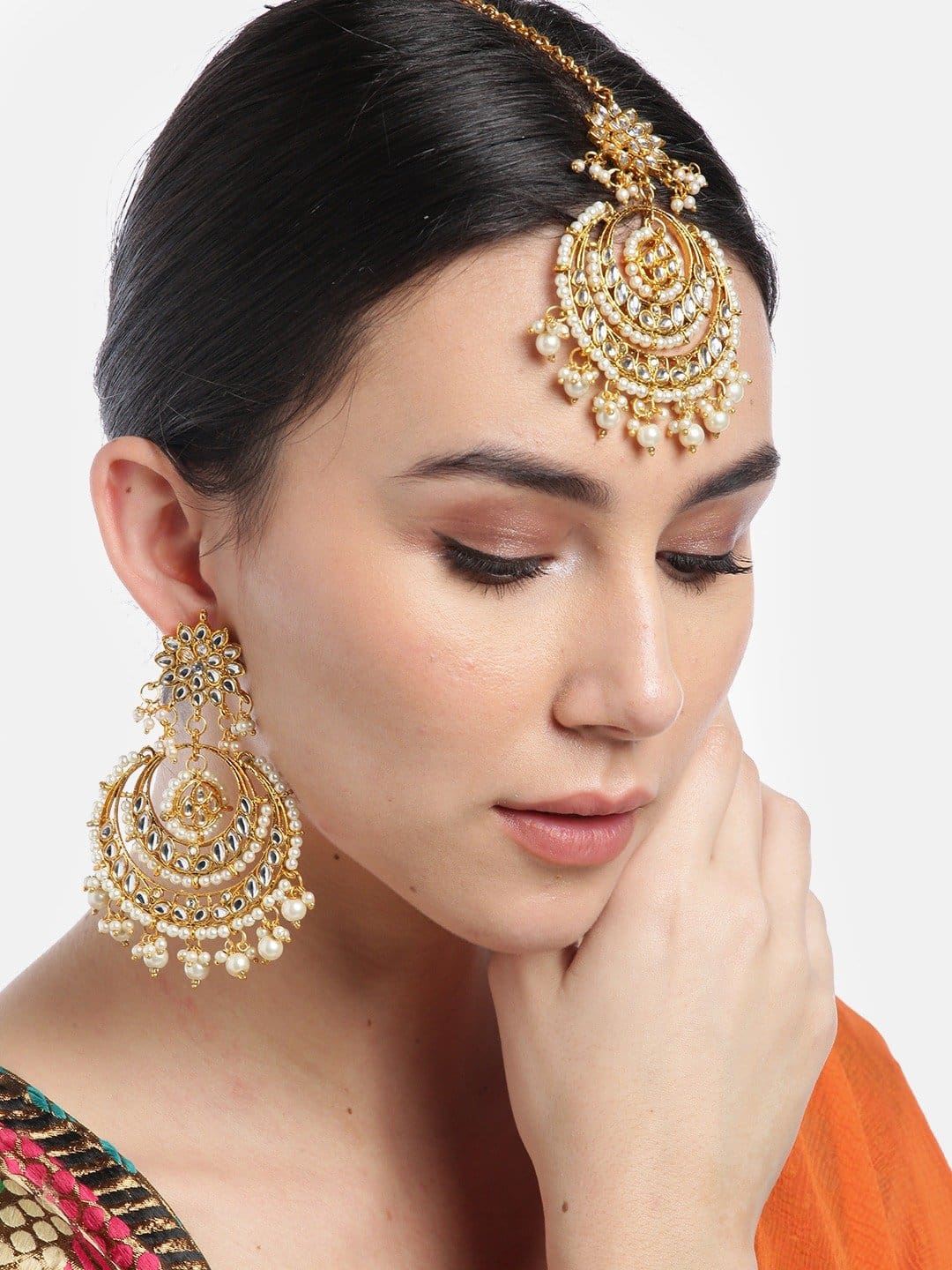 Fida - Gold Plated Kundan Pearls MaangTikka And Earrings Set