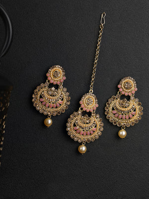 Kundan Pink Stone MaangTikka Earring Set