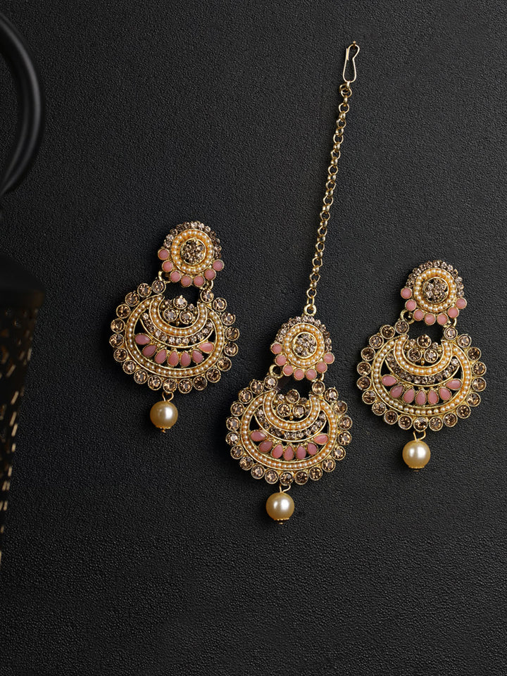 Kundan Pink Stone MaangTikka Earring Set