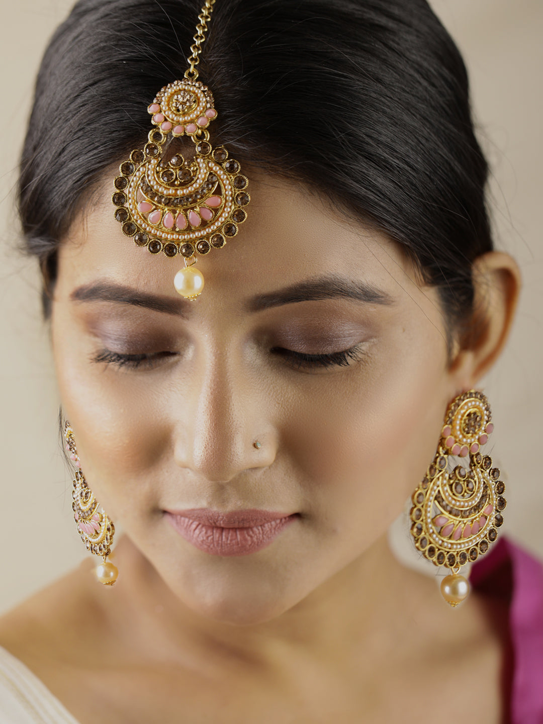 Kundan Pink Stone MaangTikka Earring Set