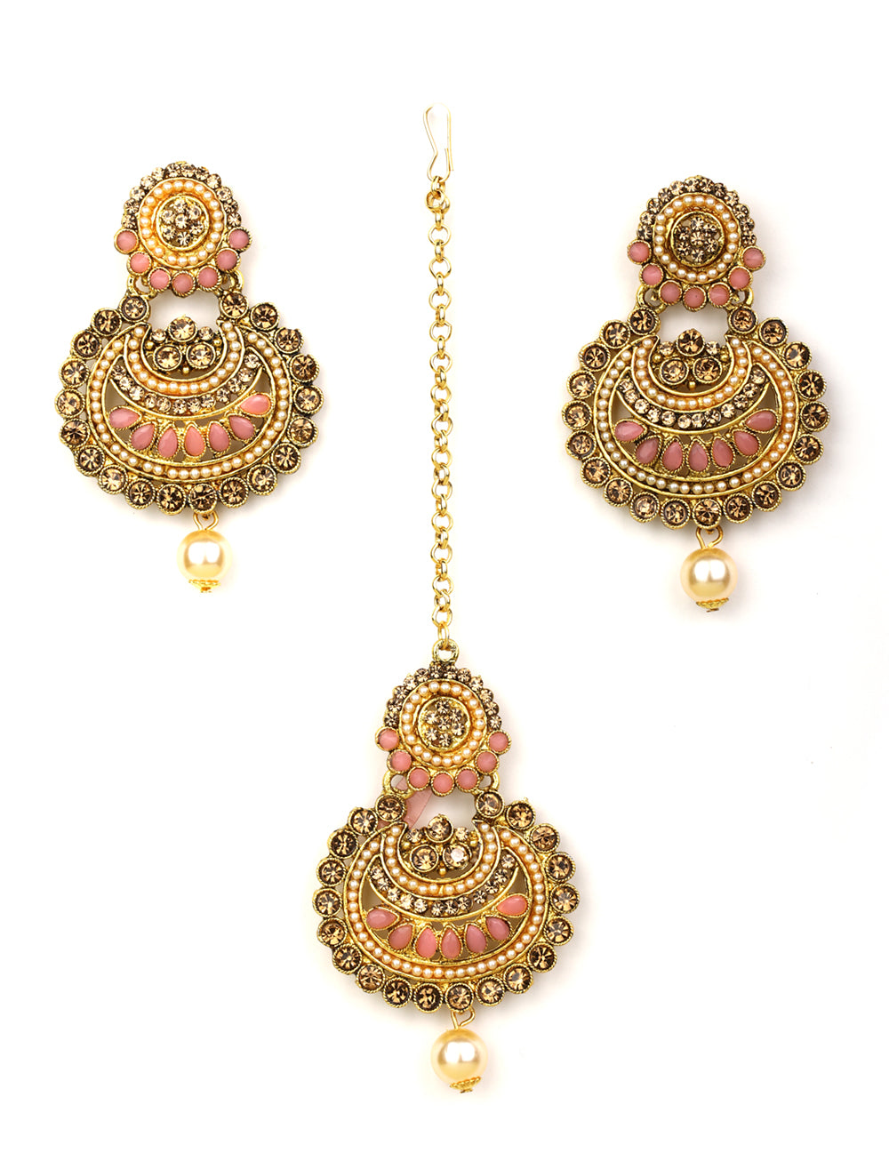 Kundan Pink Stone MaangTikka Earring Set