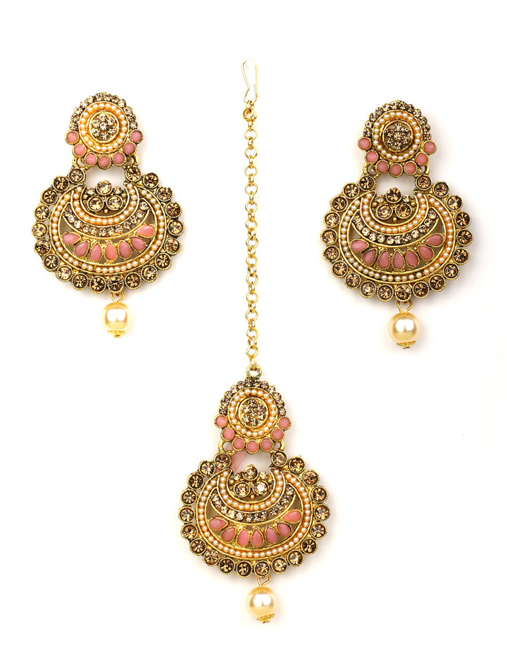 Kundan Pink Stone MaangTikka Earring Set