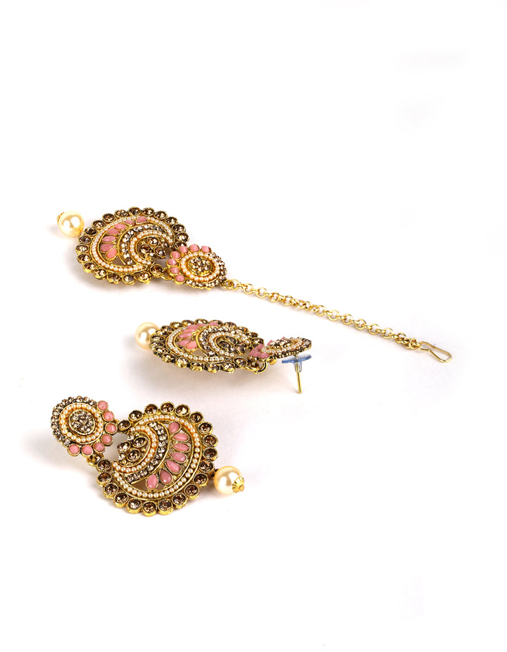 Kundan Pink Stone MaangTikka Earring Set