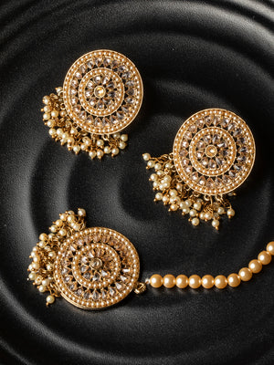 Gem Stones Gold Plated Geometric MaangTikka & Earring Sets