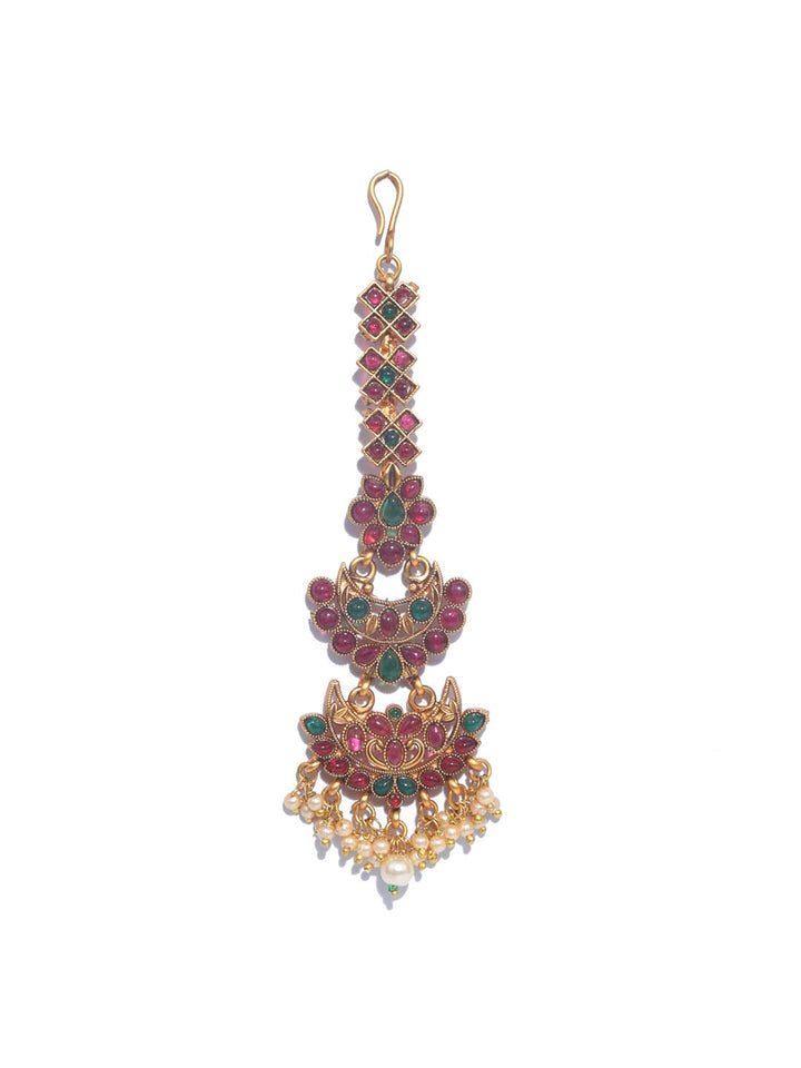 Kemp Stones Pearls Floral Gold Plated Maang Tikka