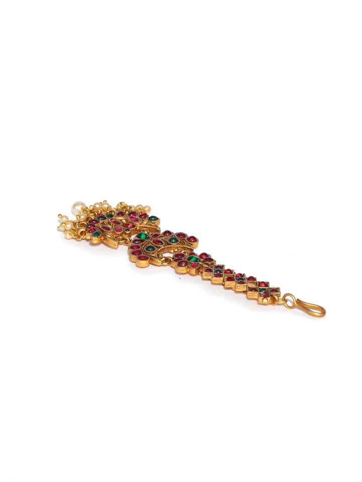 Kemp Stones Pearls Floral Gold Plated Maang Tikka