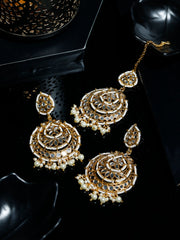 Gold Plated Mirror Studded Floral Maang Tikka & Earring Set