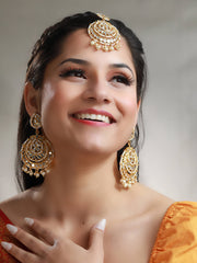 Gold Plated Mirror Studded Floral Maang Tikka & Earring Set