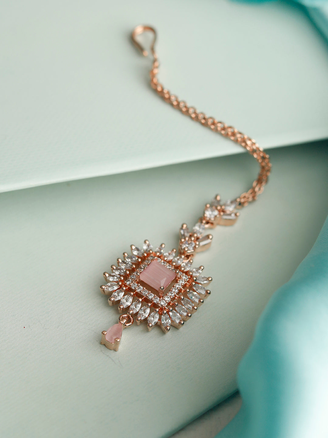 Pink American Diamond Rose Gold Maang Tikka