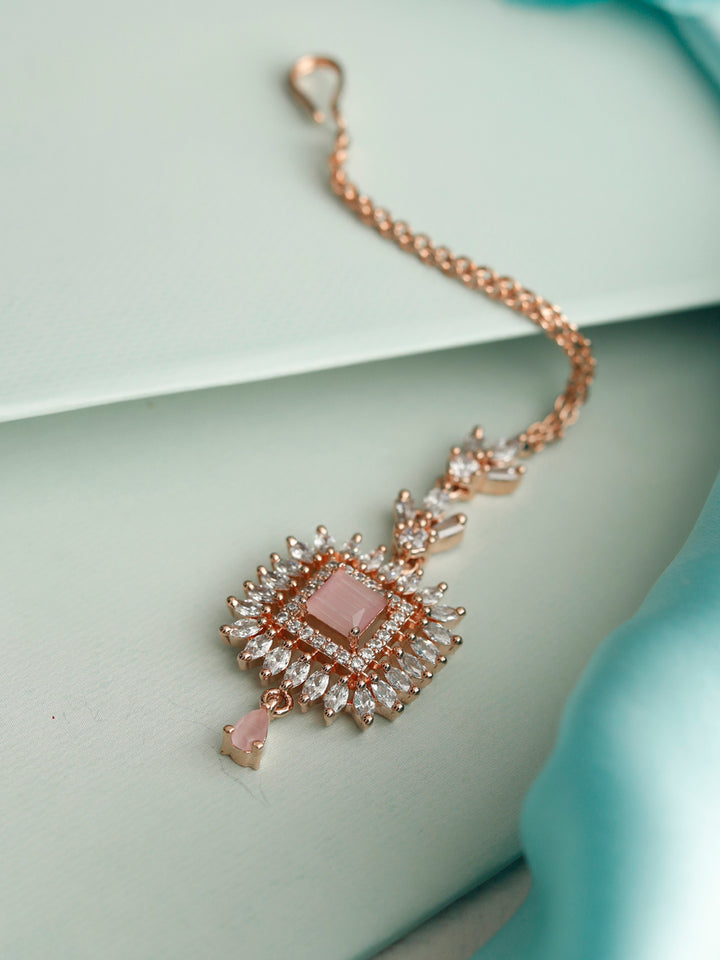 Pink American Diamond Rose Gold Maang Tikka