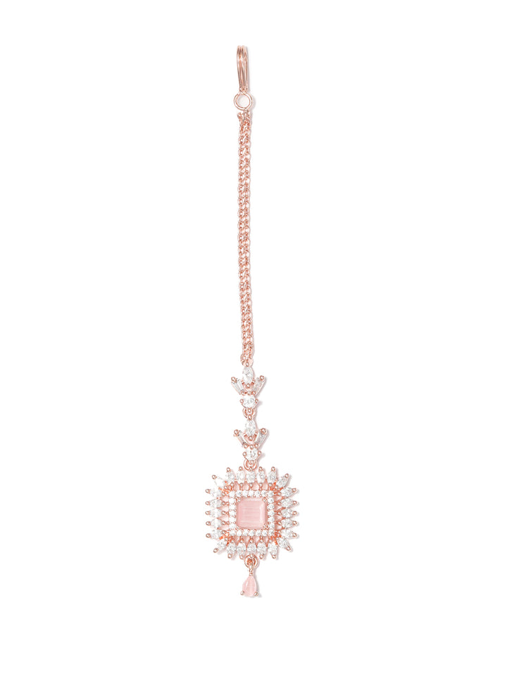 Pink American Diamond Rose Gold Maang Tikka