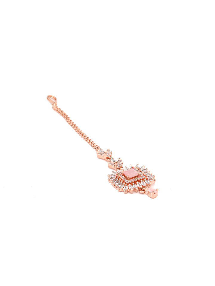 Pink American Diamond Rose Gold Maang Tikka