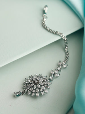 Phenomenally Lit - American Diamond Silver Plated Floral Maang Tikka