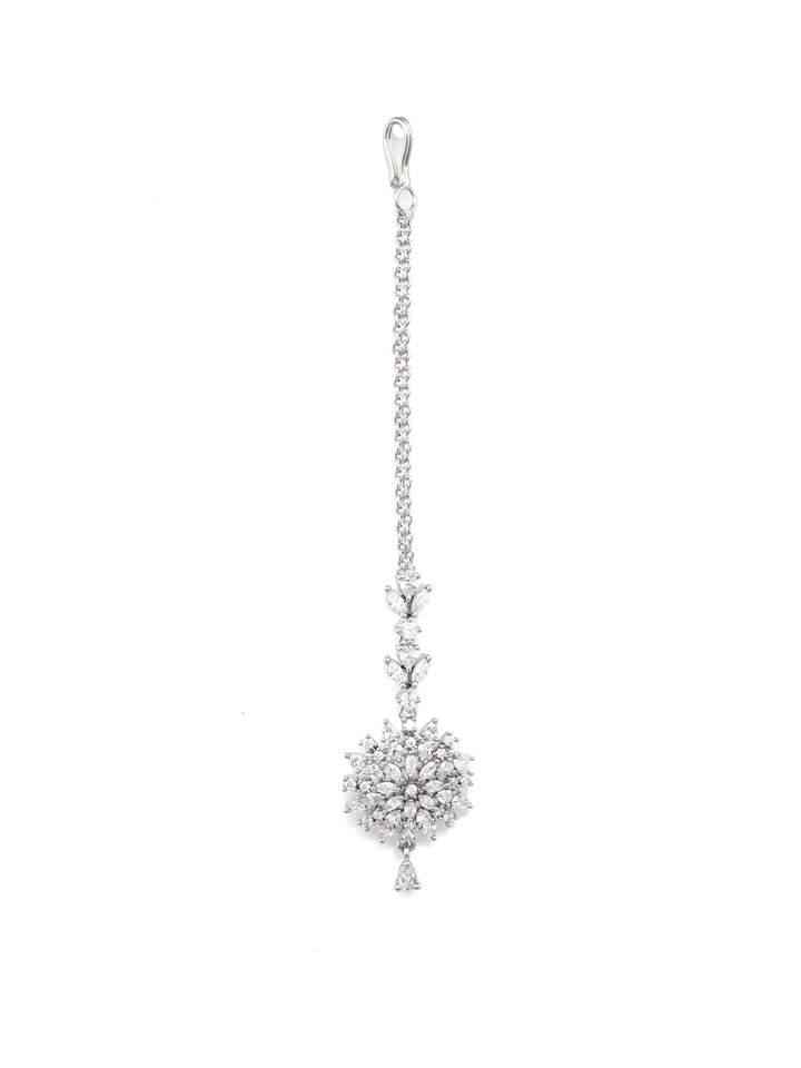 Phenomenally Lit - American Diamond Silver Plated Floral Maang Tikka