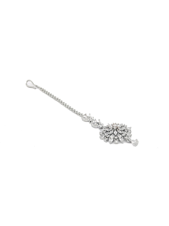 Phenomenally Lit - American Diamond Silver Plated Floral Maang Tikka