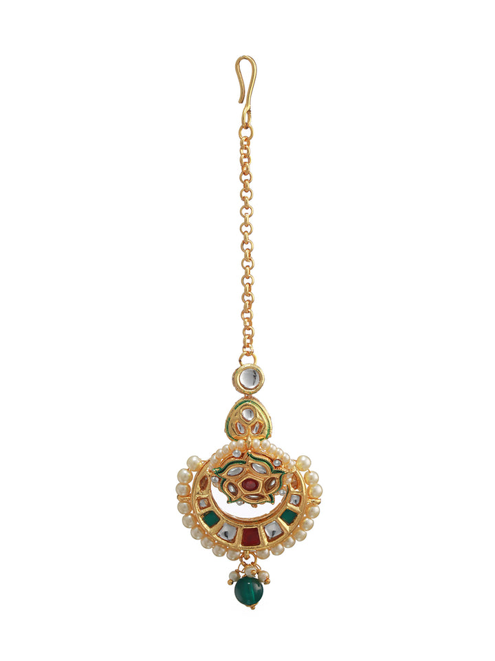 Floral Multicolor Kundan Pearl Gold-Plated Maangtikka