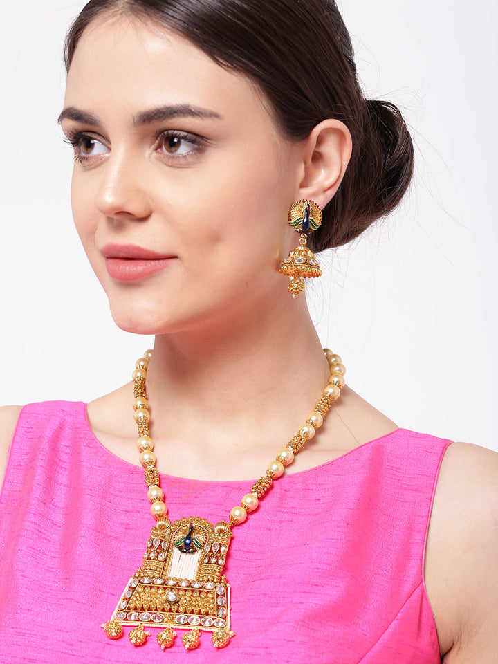 Gold-Plated, Pearls and Kundan Studded Peacock Inspired Jewellery Set