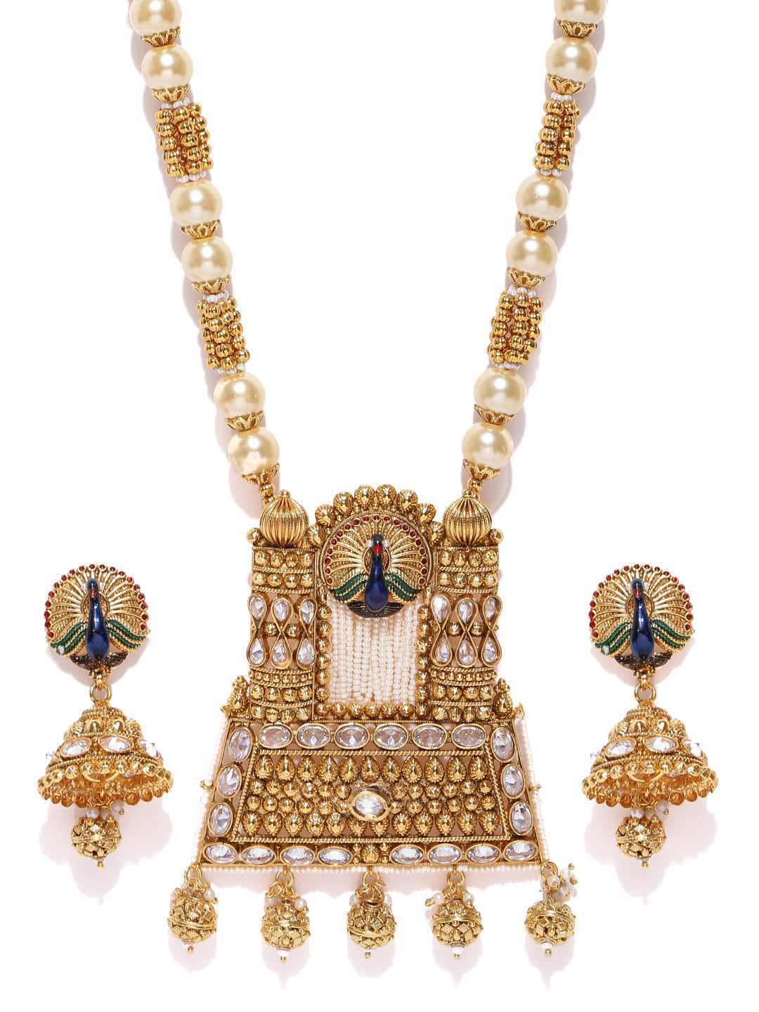 Gold-Plated, Pearls and Kundan Studded Peacock Inspired Jewellery Set