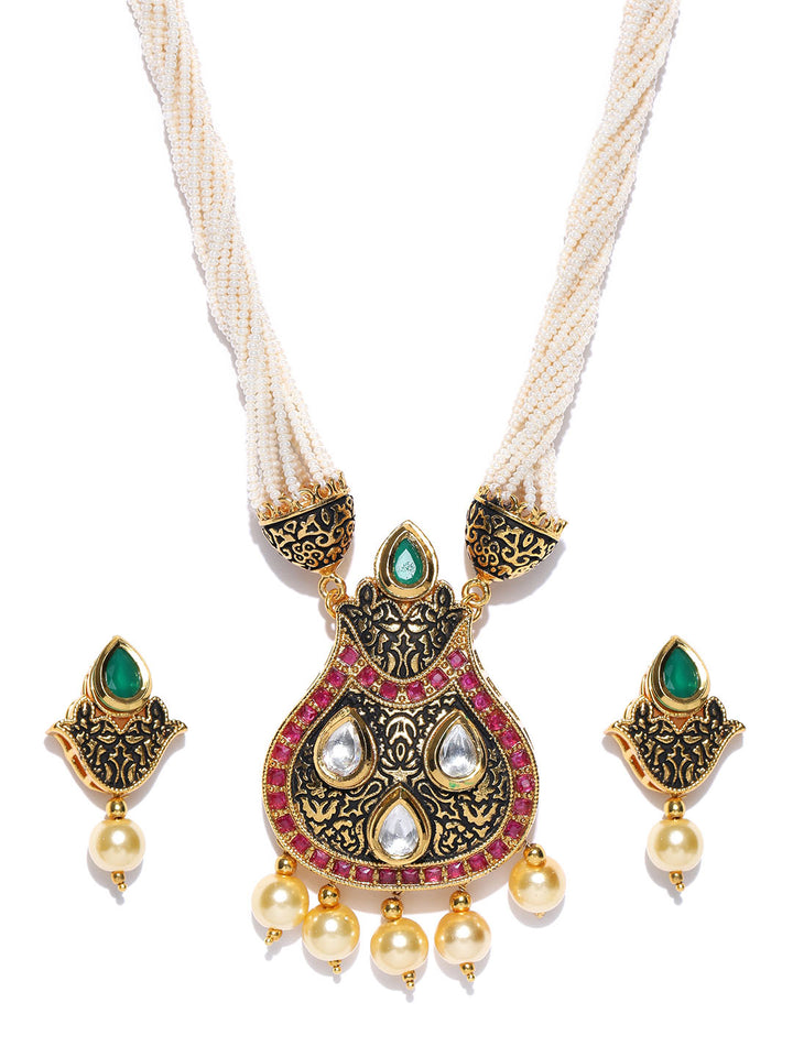 White Beads Kundan Pearls Gold Plated Jewellery Set