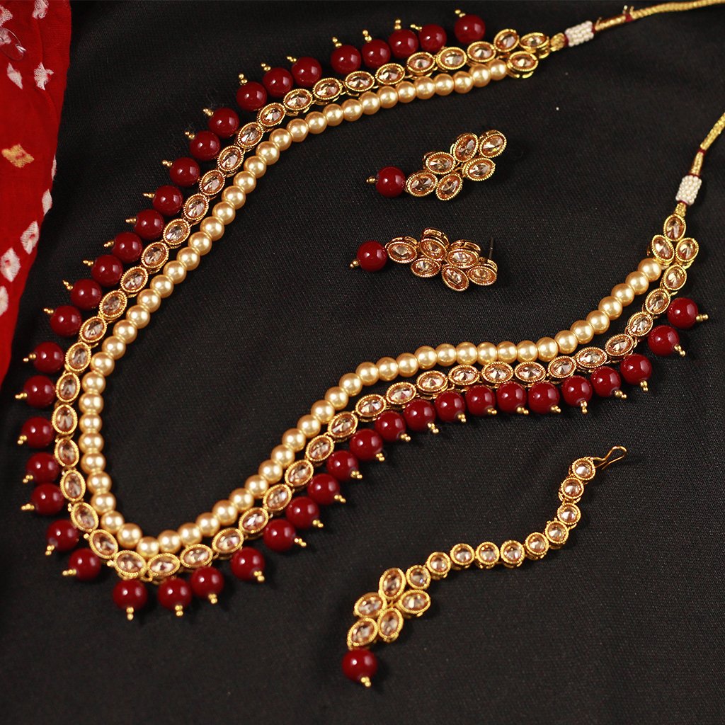 Red Pearls Kundan Gold Plated MaangTika Jewellery Set