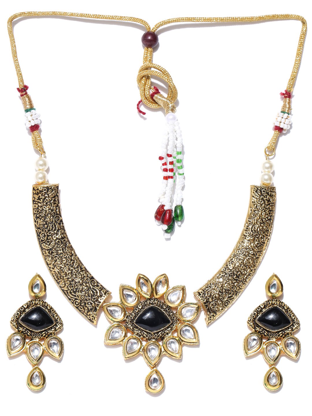 Black Stones Kundan Pearls Gold Plated Jewellery Set