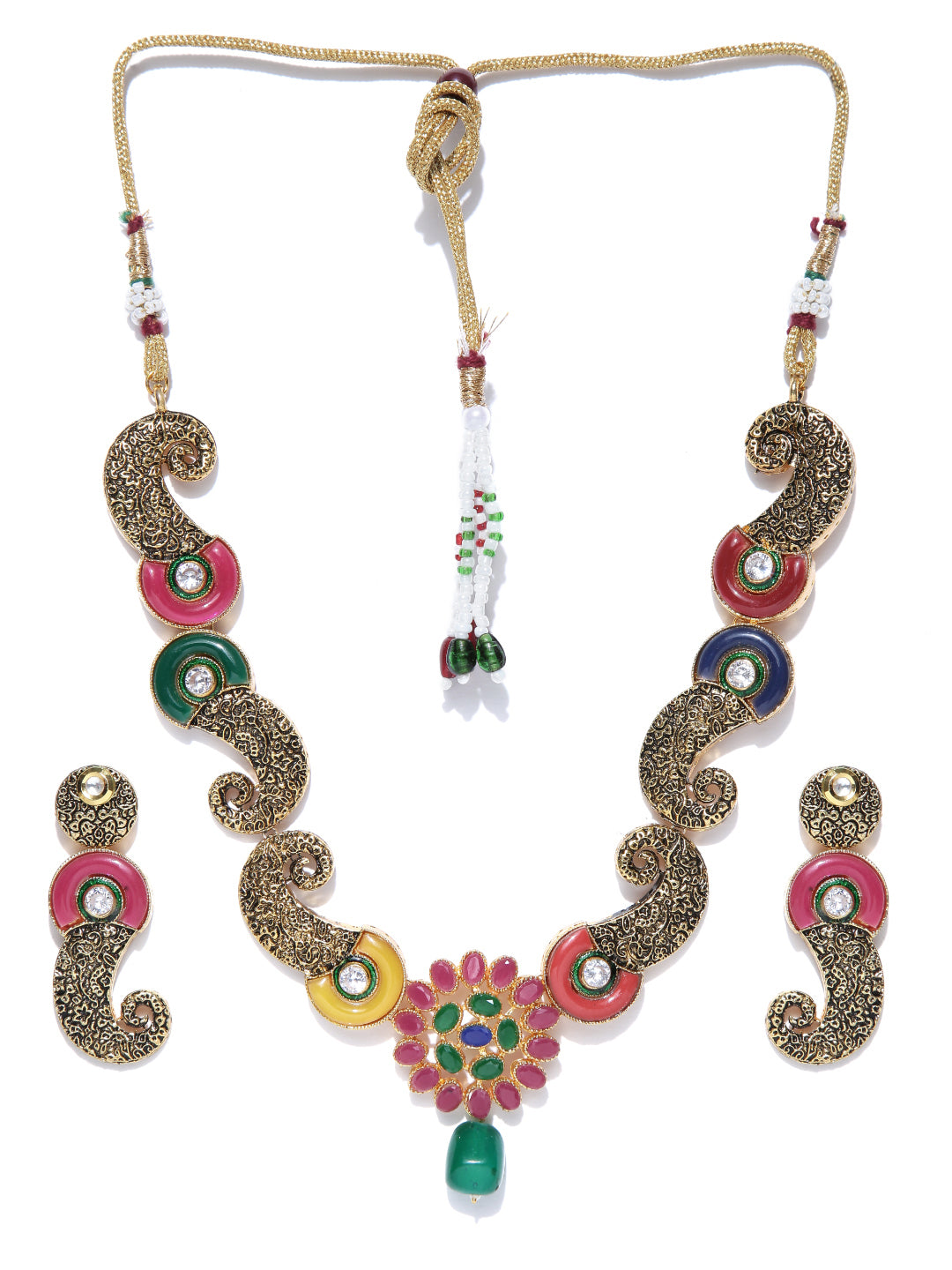 Multi-Color Kundan Ruby Emerald Gold Plated Jewellery Set