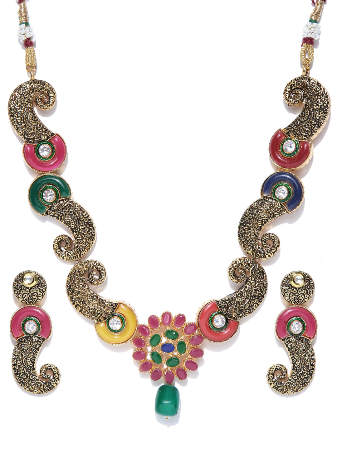 Multi-Color Kundan Ruby Emerald Gold Plated Jewellery Set