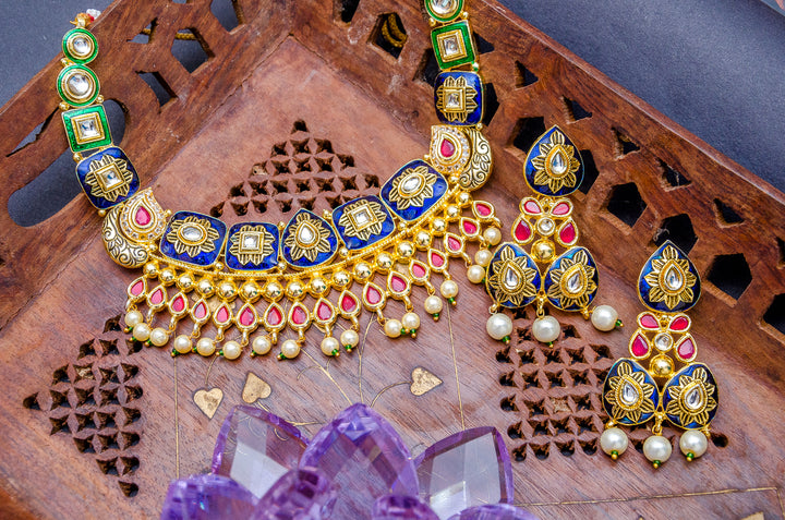 Multi-Color Kundan Ruby Beads Gold Plated Meenakari Jewellery Set