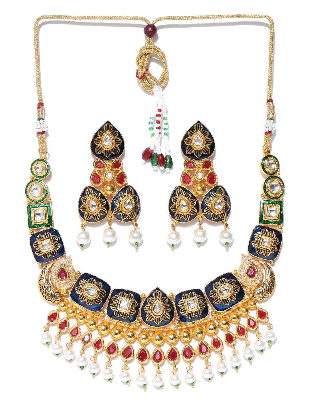 Multi-Color Kundan Ruby Beads Gold Plated Meenakari Jewellery Set