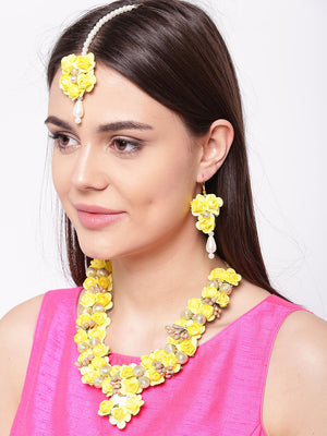 Yellow Pearls Beads Gold Plated Floral Haldi Jewellery Set