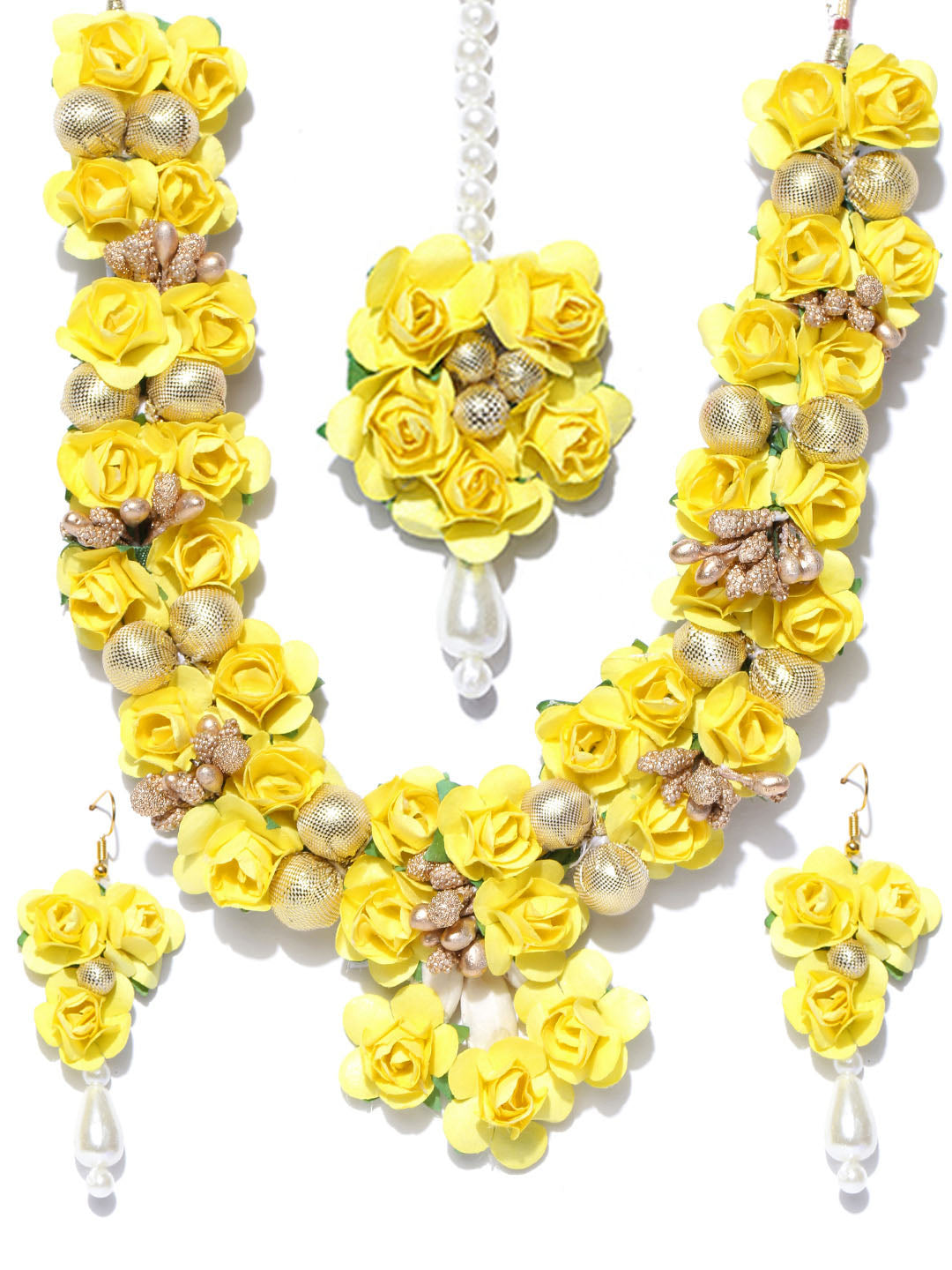 Yellow Pearls Beads Gold Plated Floral Haldi Jewellery Set