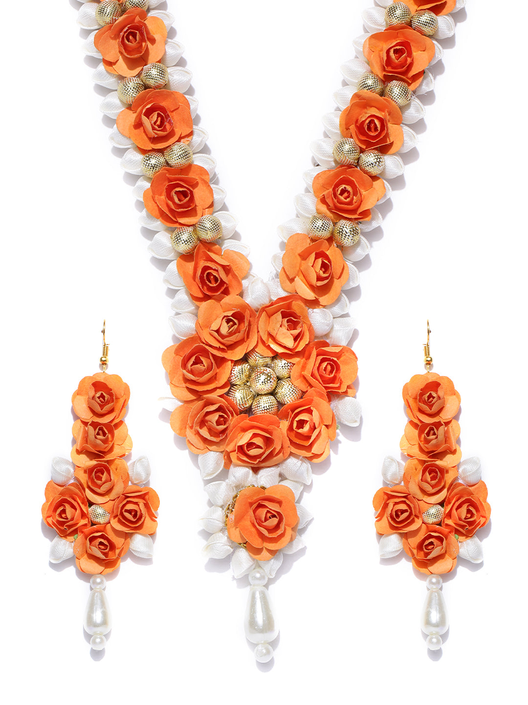 Orange White Pearls Floral Haldi Jewellery Set