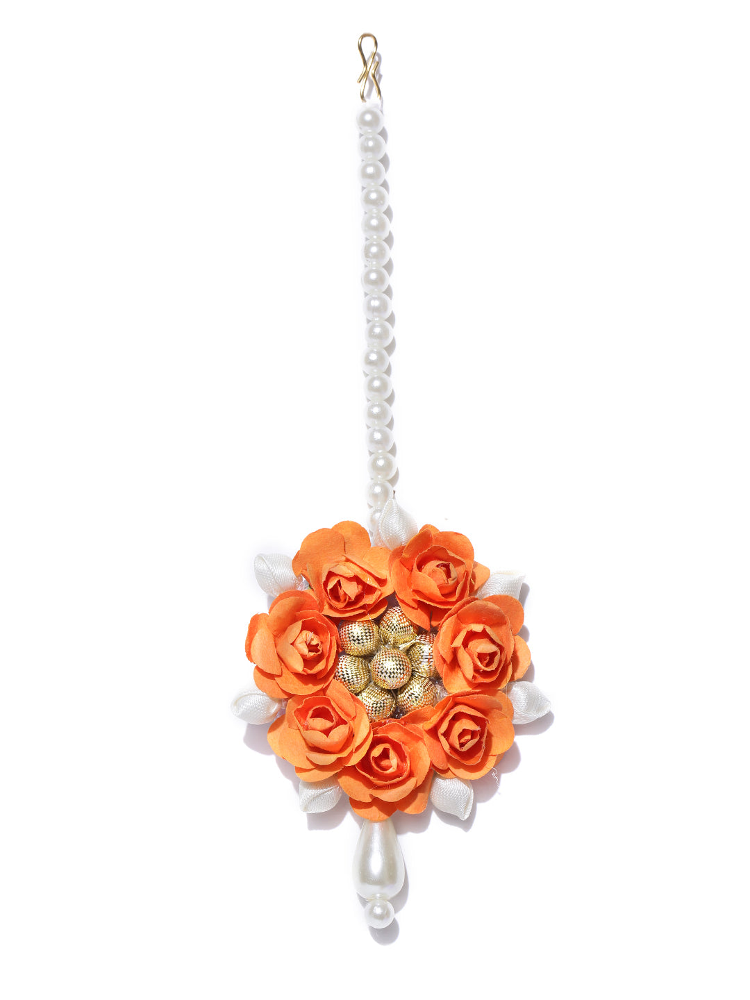 Orange White Pearls Floral Haldi Jewellery Set