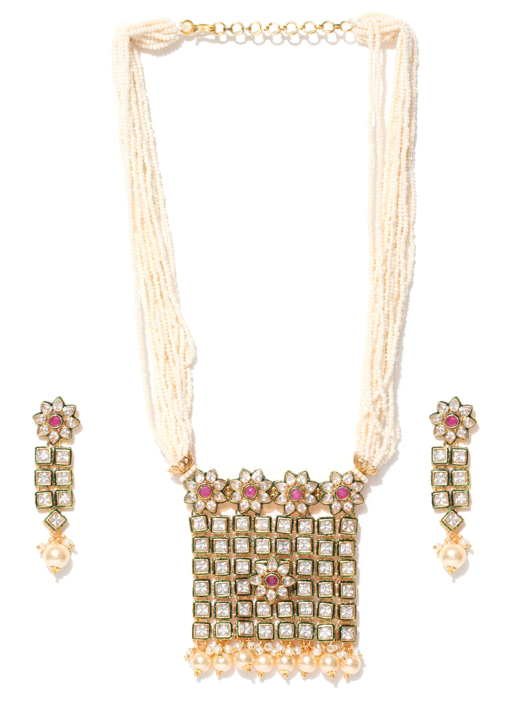 Multistrand Floral Block-Ruby Kundan Gold-Plated American Diamond Beaded Jewellery Set