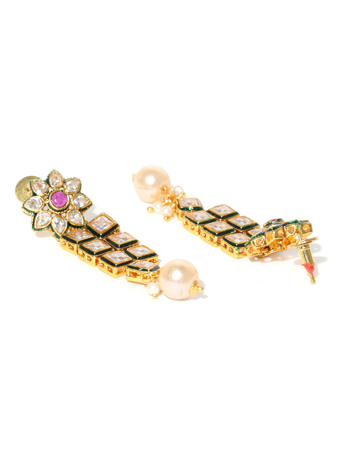 Multistrand Floral Block-Ruby Kundan Gold-Plated American Diamond Beaded Jewellery Set