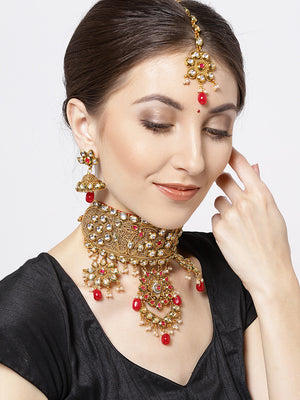 Kundan Beads Ruby Gold Plated MaangTika Choker