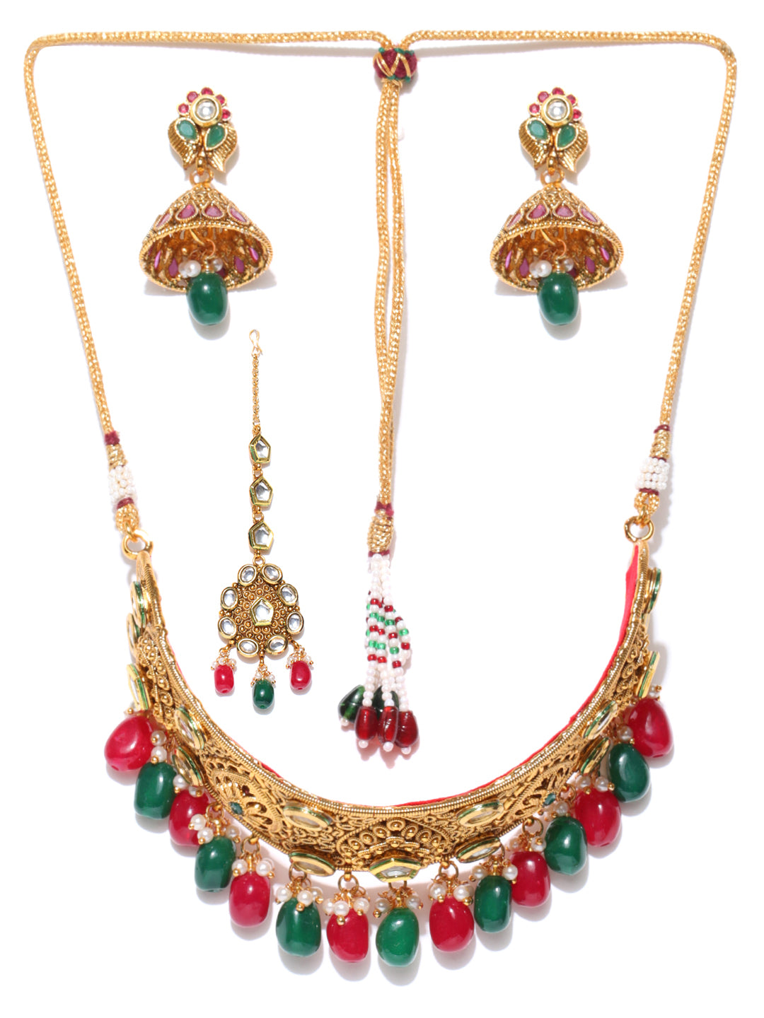 Ruby Emerald Kundan Beads Gold Plated MaangTika Jewellery Set